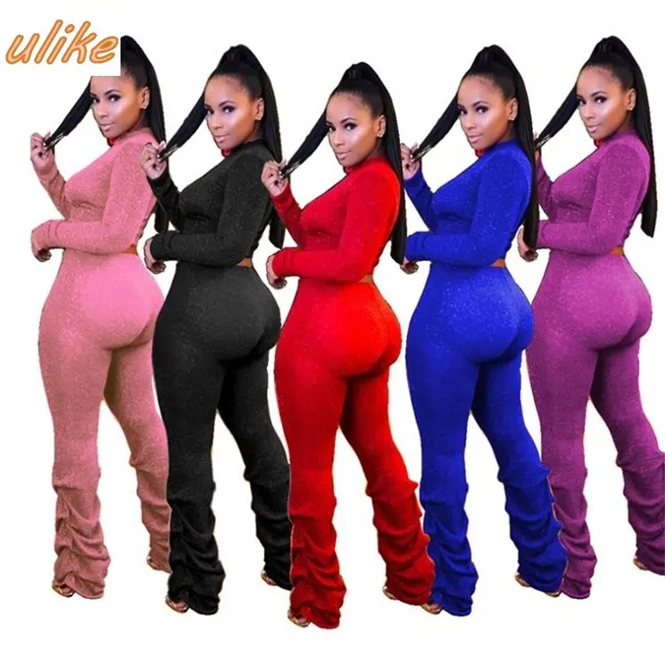 

New Design Casual Round Collar Long Sleeve Top And Stacked Pants Set Outfits Two Piece Set Women Clothing