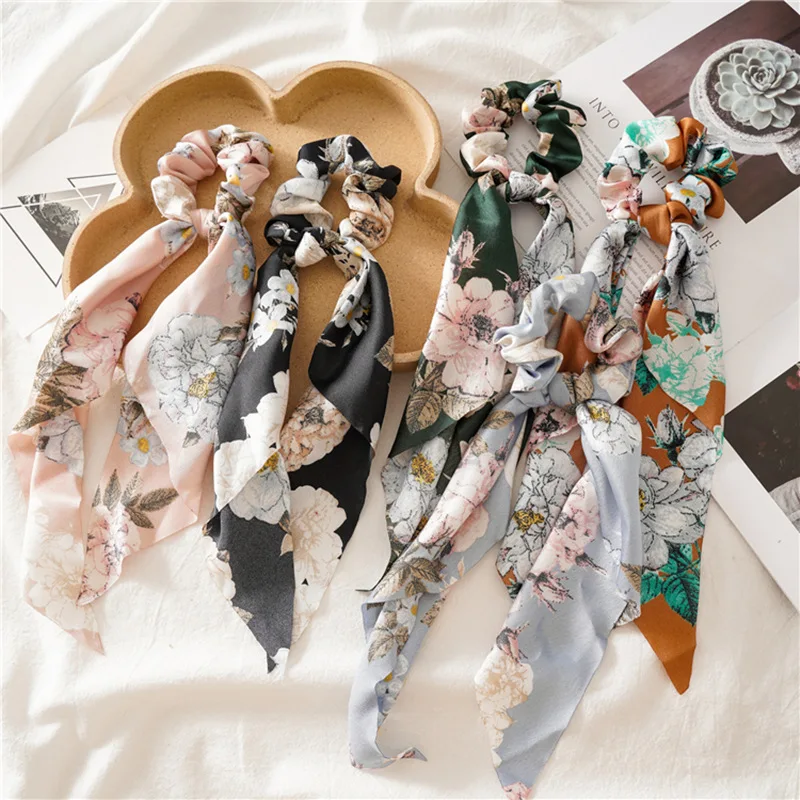 

wholesale hair accessories long ribbon scrunchies Bowknot designer long tail scarf scrunchies hairband flower print hairband