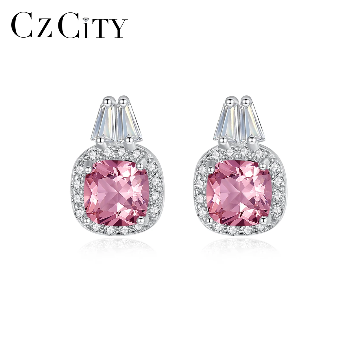 

Iced Out Baguette Pink CZ S925 Sterling Silver Stud Earrings Women Bling Wedding Jewelry Wholesale Zircon Earring