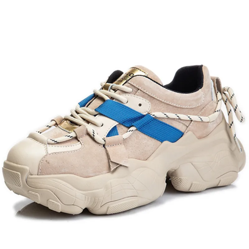 

Dropshipping Custom Logo Women Running Thick Sole Sport Casual Spring Autumn Split Leather Platform Chunky Sneakers
