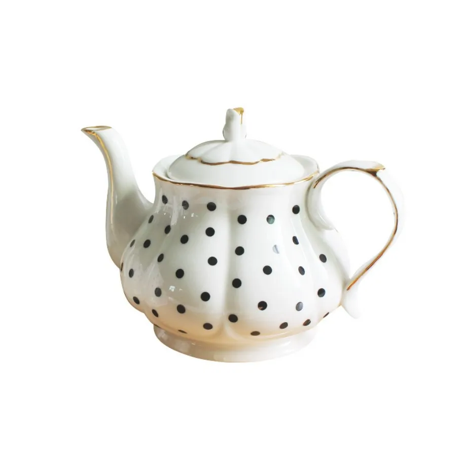 

English Afternoon Tea Set Bone China polka dot Hand-painted Gold Ceramic Teapot Coffee Pot, Black and white