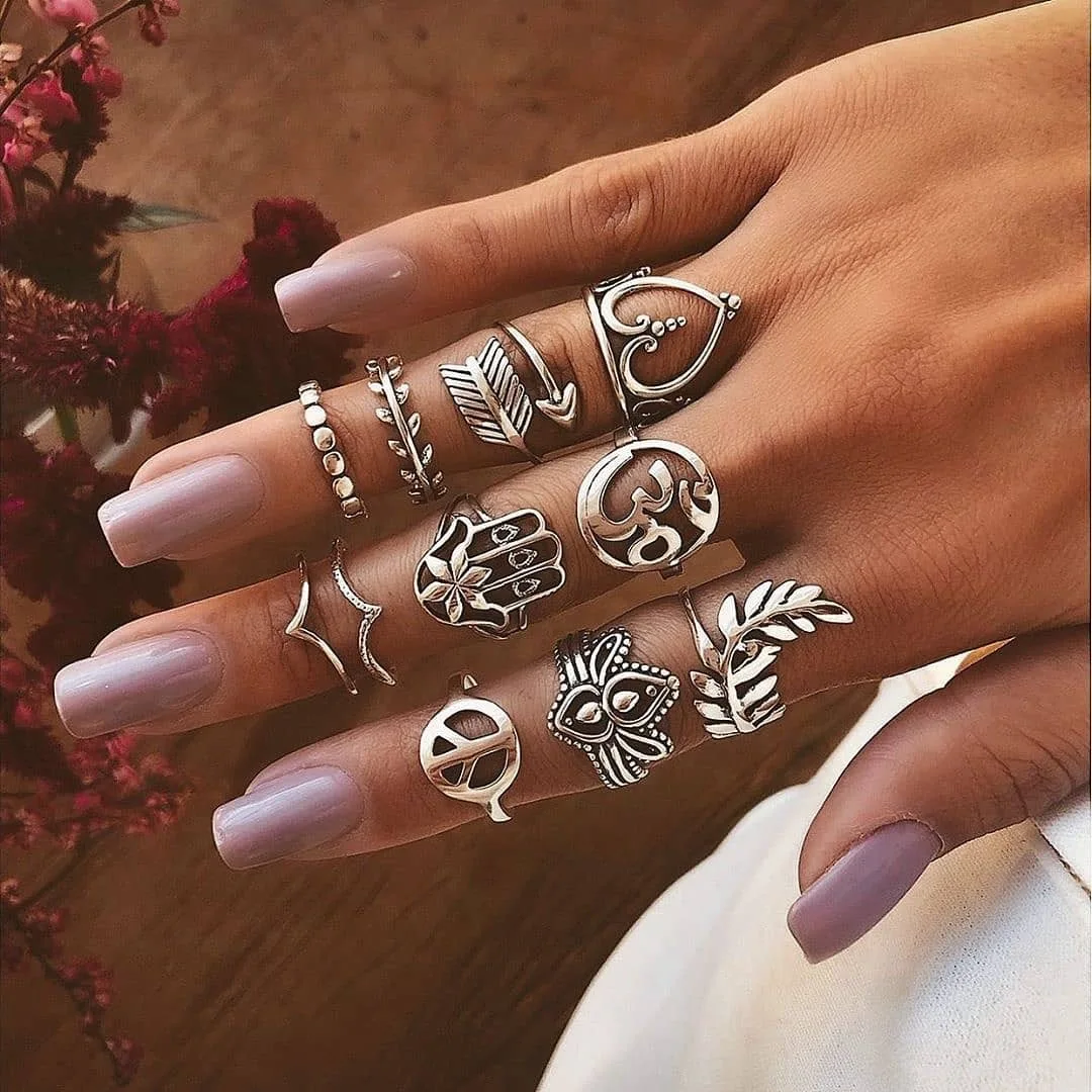

Boho Midi Rings Set Fashion crystal Finger Rings Set Hollow Out Leaves star Shape Rings couples Jewelry 11 Pcs/set, Silver