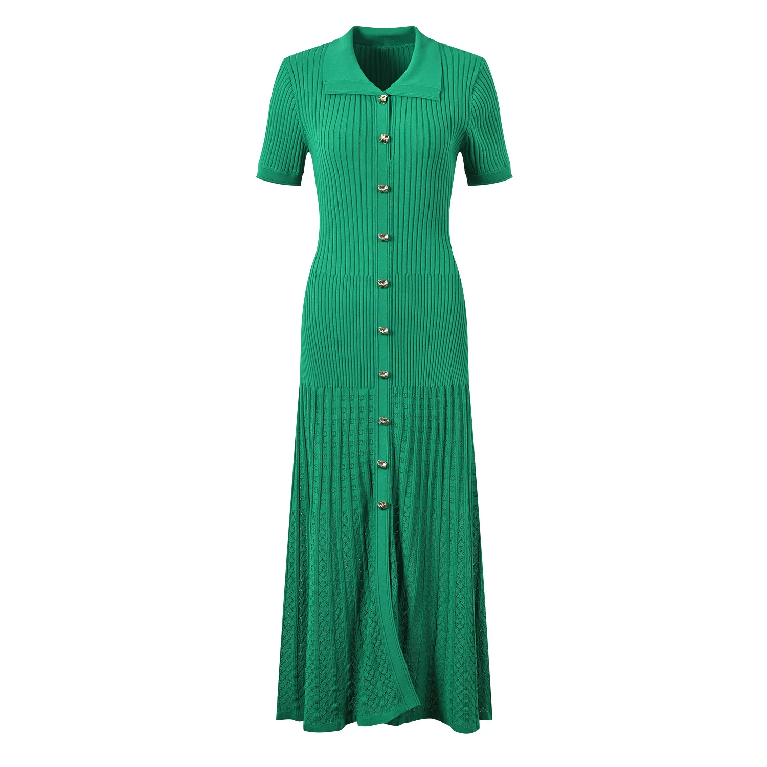 2024 Spring Summer French Style Women Knitted Short Sleeve Single-breasted Polo Neck Ladies Fashion Maxi Long Solid Dresses