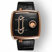 

GUOU 8151 fashion black mens quartz watch original Genuine Leather Strap 2 time zone dual movement Waterproof sports wrist watch