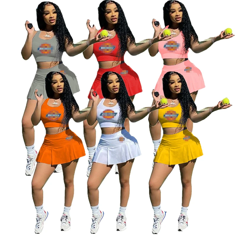 

High quality skirt set mini sexy short 2pc skirt set summer pleated crop tops two piece skirt set tennis