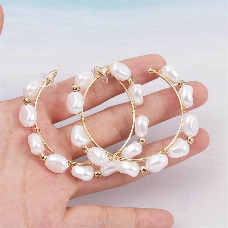 

European 60mm C Shape Circle String Irregular Pearl Hoop Earrings Baroque Pearl Hoop Earrings