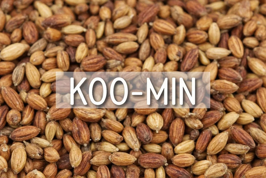 Close-up of cumin seeds with phonetic pronunciation guide overlay showing KOO-min
