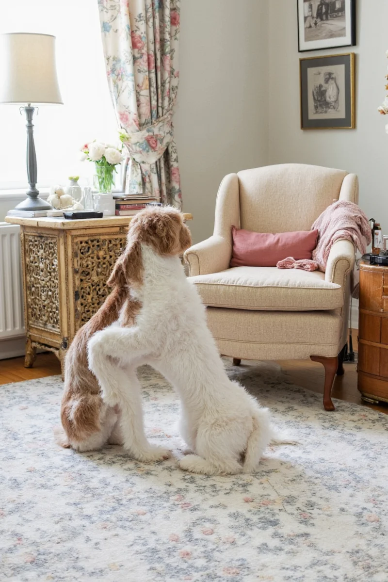 Same living room with vintage dogs displayed under glass on a floating shelf.