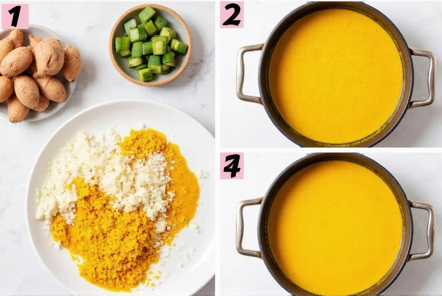Step-by-step preparation of turmeric soup showing fresh ingredients, grating turmeric root, and simmering process