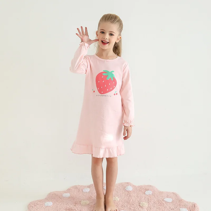 

2020 new design women 100% cotton nightgown girls sleepwear long sleeve strawberry nightdress, Pink, white strawberry, pink strawberry