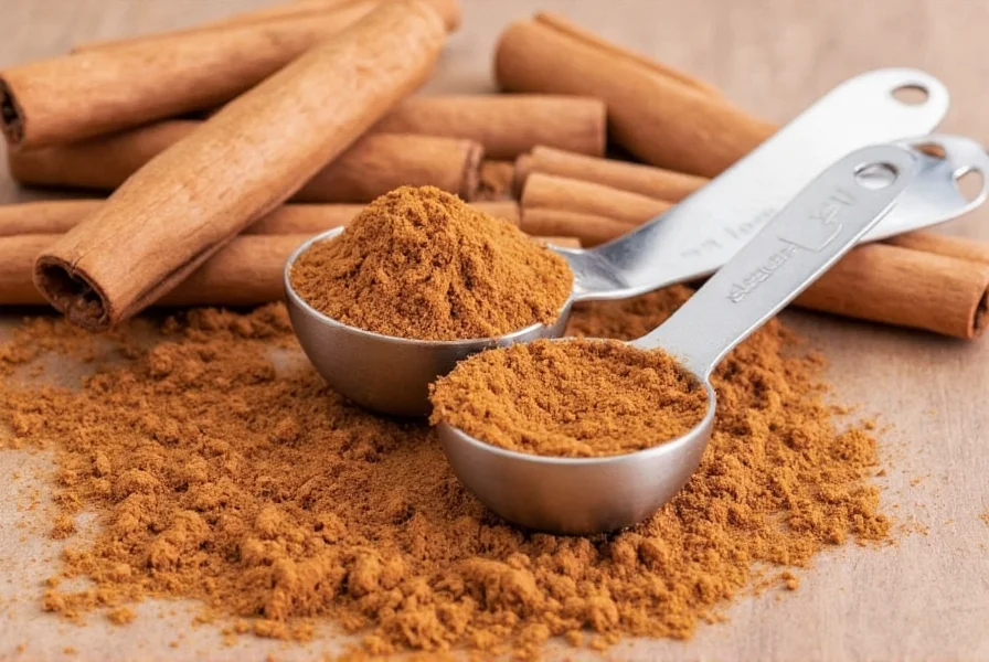 Close-up of cinnamon sticks and ground cinnamon with measuring spoons showing proper daily dosage