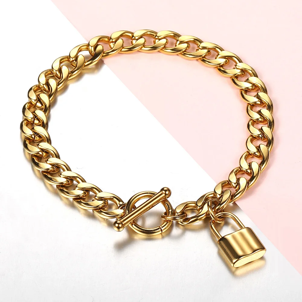 

New Design 8mm 18K Gold Stainless Steel Cuban Link Chain Lock Pendant Bracelet For Men Women Unisex