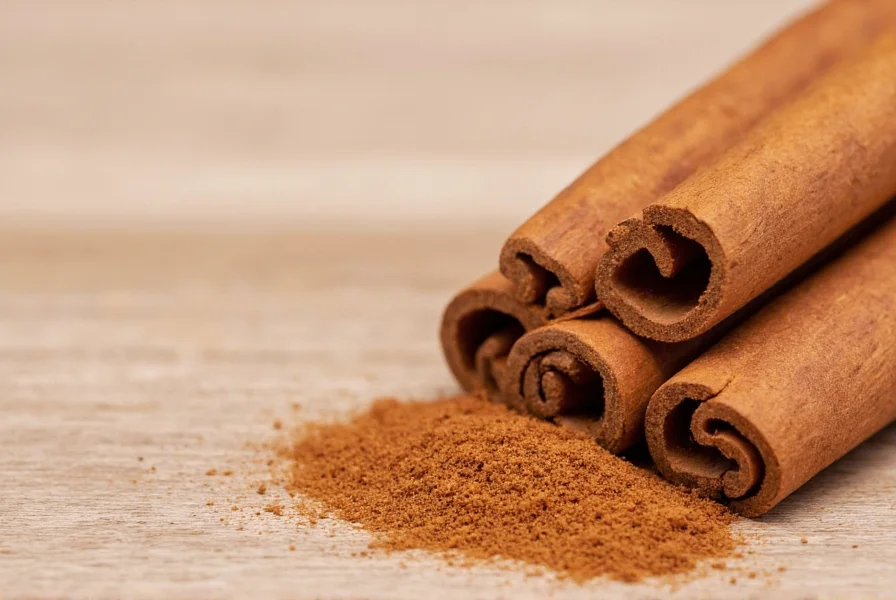 Close-up of cinnamon sticks and ground cinnamon on wooden table