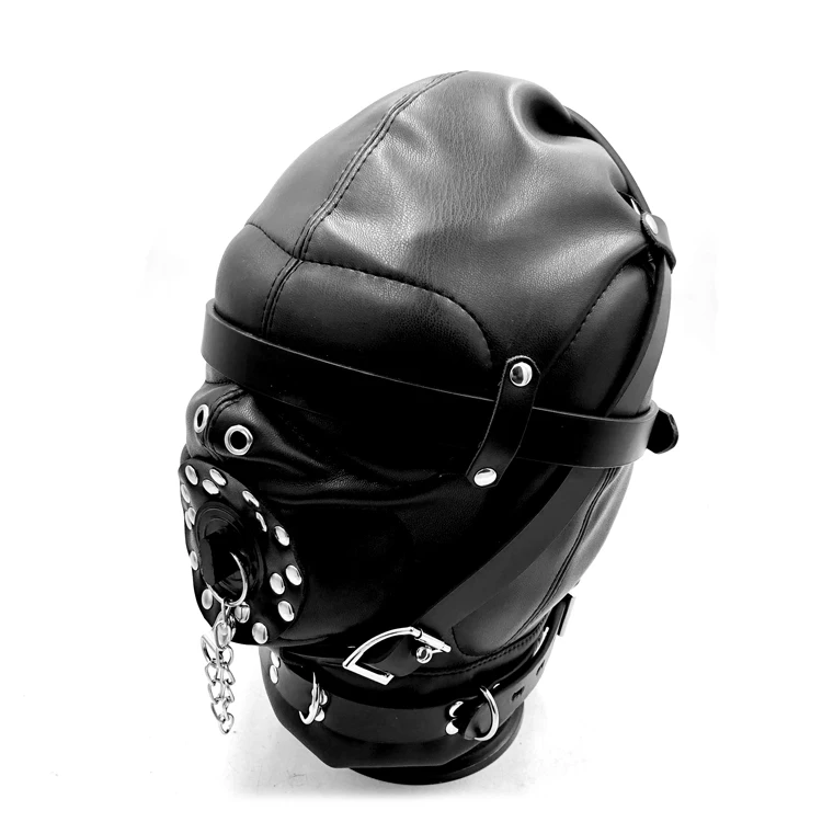 Adult Flirting Leather Bondage Hood Full Face Hood With Cover Open Mouth Fetish Mask Erotic Toys 