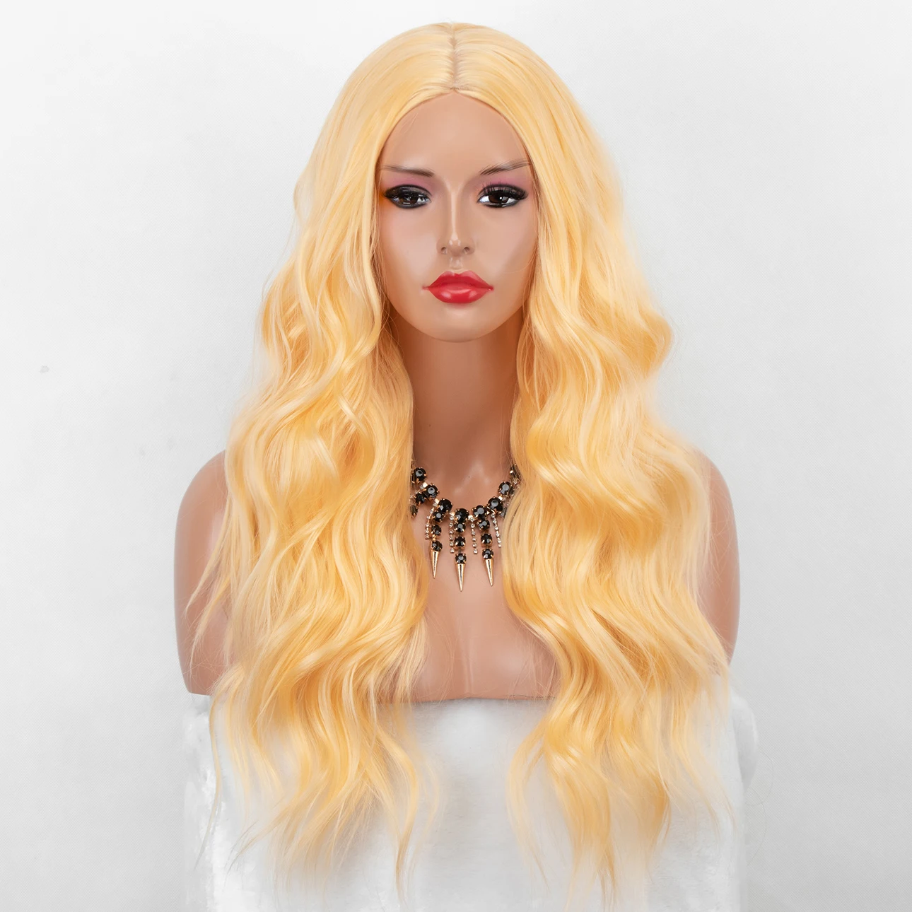 

Aliblisswig Natural Looking Blonde Light Yellow Long Wavy Middle Part Heat OK Fiber Hair Machine Made None Lace Synthetic Wigs