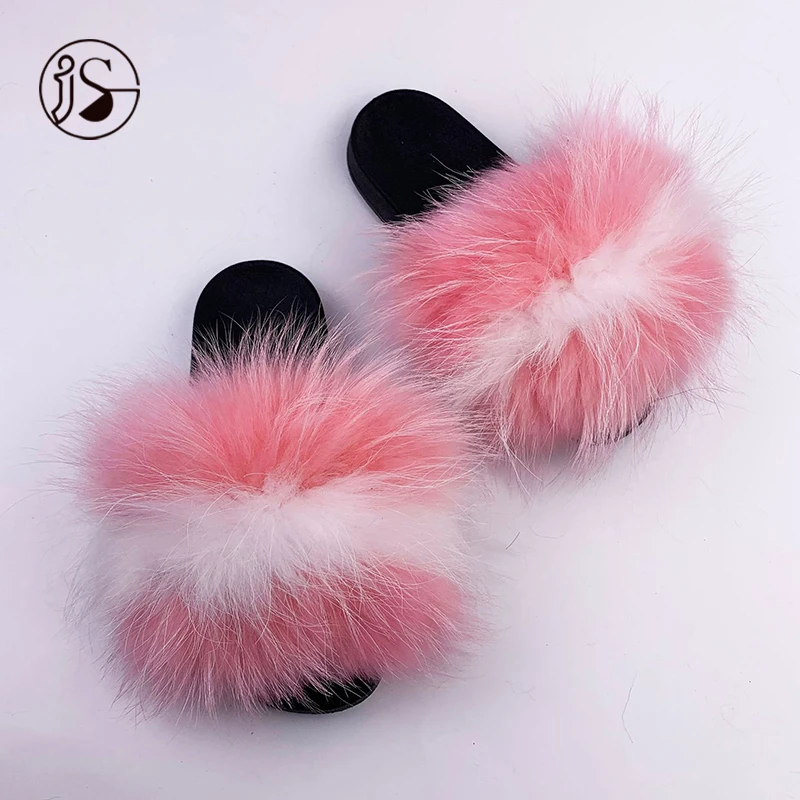 

2021 Fashion Exquiisite fluffy furry furry sandals real big raccoon fur slippers Plush fur slides for women, Picture