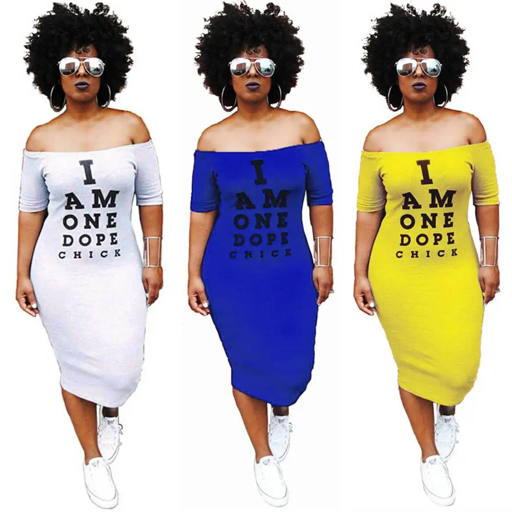 

Letter Print Plus Size Off Shoulder Women Sexy Tight Summer Long T-shirt Dress, As photo showed