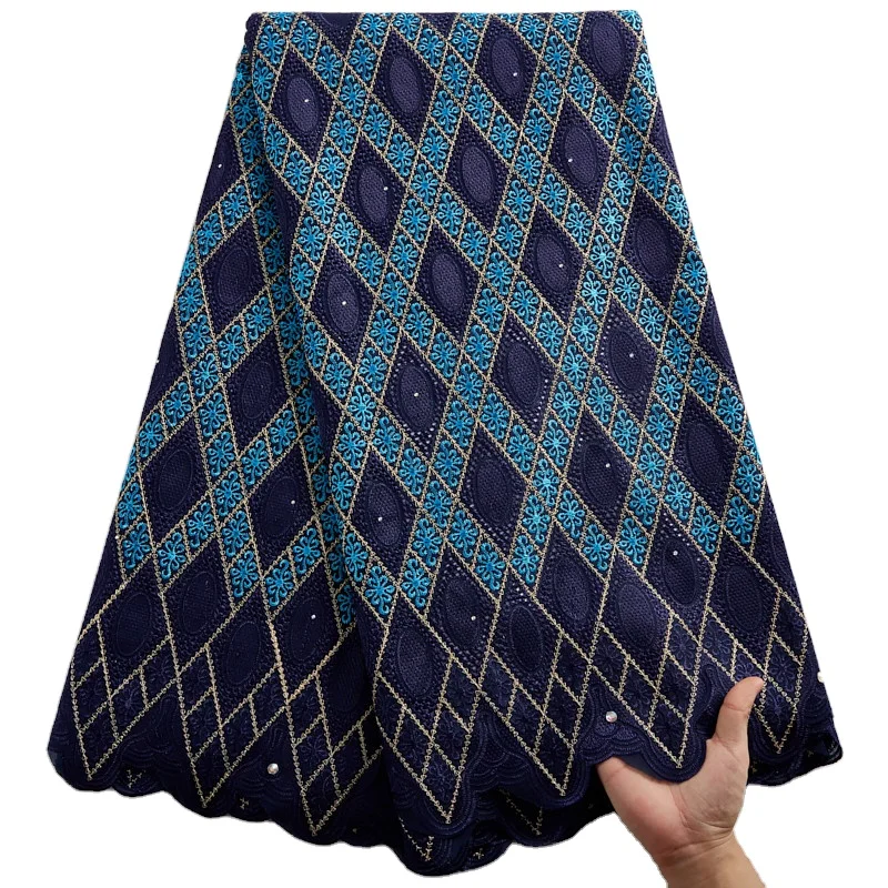 

2424 High Quality Blue Swiss Voile Lace Fabric Nigerian Embroidery Swiss Cotton Fabric For Party Dress, Shown