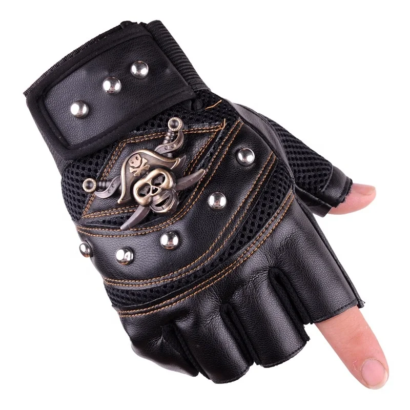 

New Design autumn personality skull rivet half finger sports gloves leather winter bicycle bike cycling gloves, Black