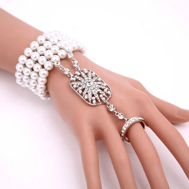 

White pearls bride wedding gift hand chain bracelet arabic ring bracelet, As pictures