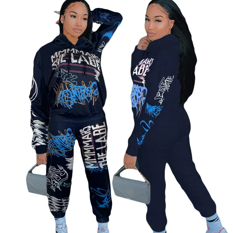 

FS3046A New trend streetwear women sports hoodie suit fashion print sweatsuit