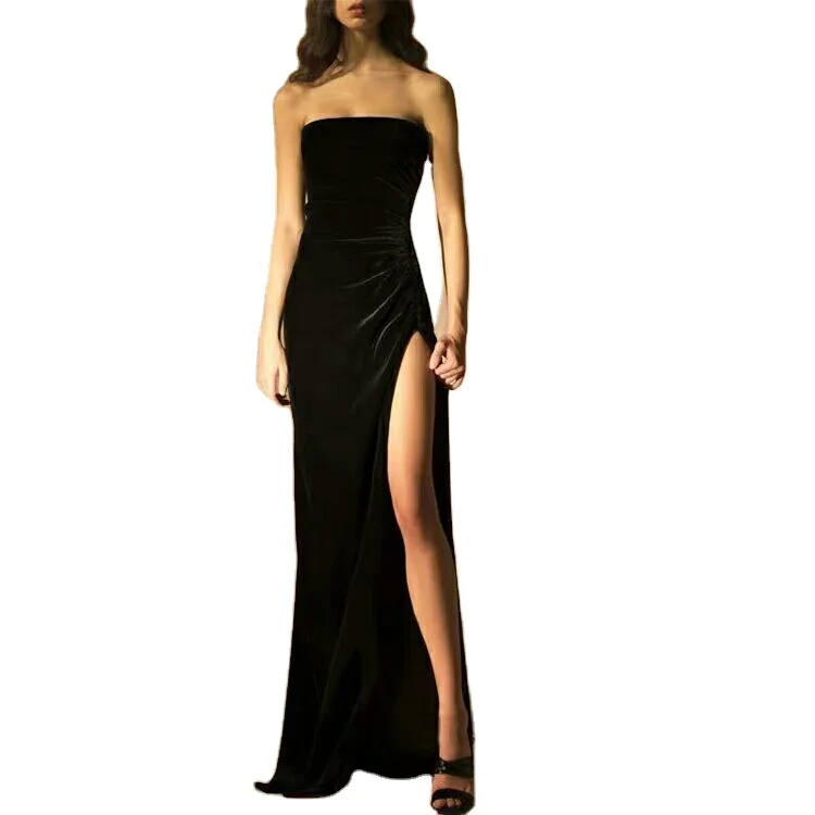 

Elegant Black Velvet A Line Side High Slit Floor Length Long Tube Prom Dress with Back Zipper
