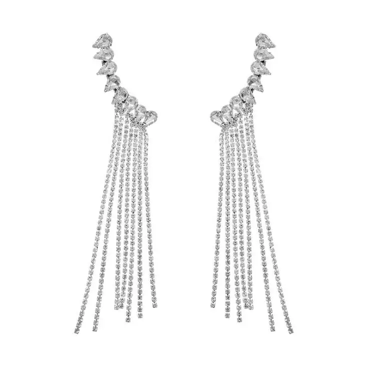 

Fashion 925 silver flash long tassel rhinestone exaggerated earrings jewelry