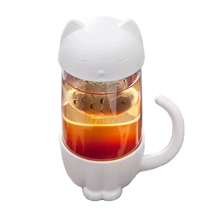 

AAA54 High Quality Cute Handle Cartoon Water Cup Filter Bottle Tea Cups Cat Dog Glass Couple Cup With Lid Cover, 3 colors
