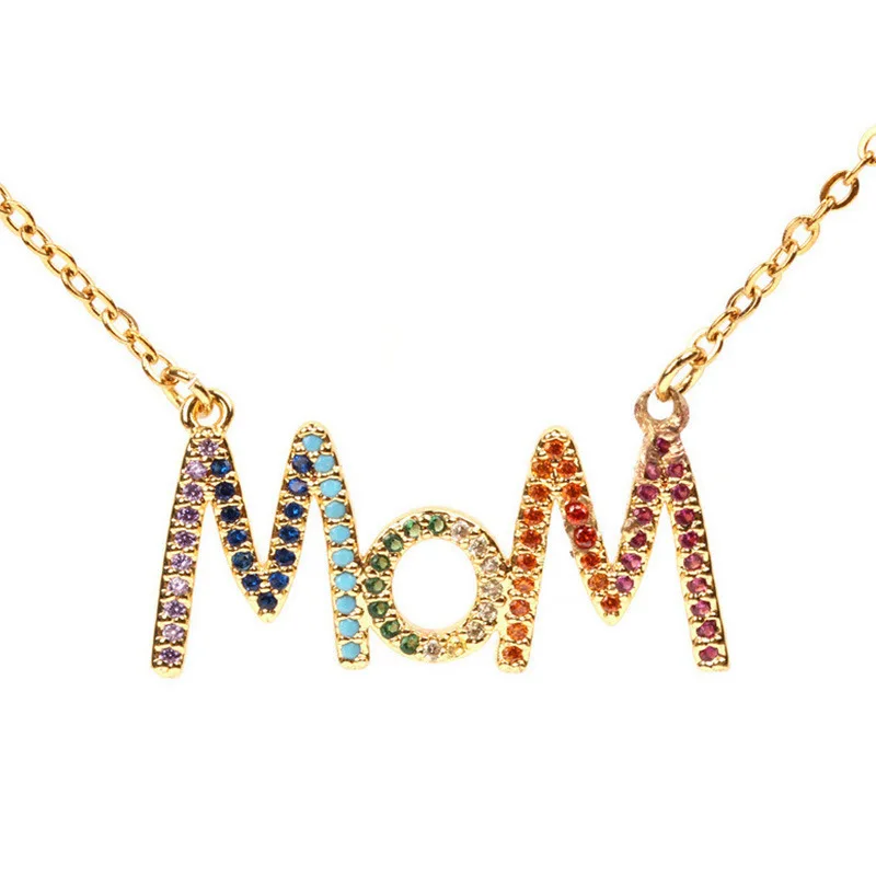 

New Arrival Stainless Steel Rainbow Zircon Mom Pendant Necklace Colorful CZ Crystal Mom Letter Necklace For Mother Gifts