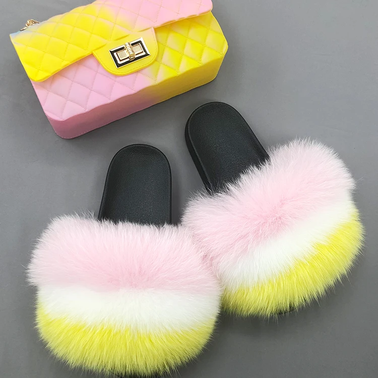 

Wholesale 2pcs big real fox fur slipper sandals slides jelly handbag fur slippers with fur purse set, Customized color