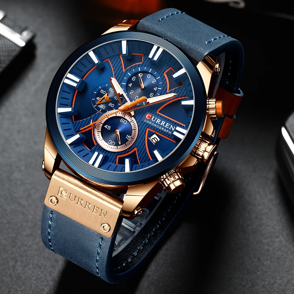 

Casual Sport Watches for Men Blue Top Brand Luxury Military Leather Wrist Watch Man Clock Fashion Chronograph Wristwatch