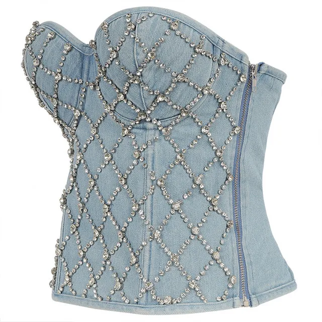 

Beaded Denim Tube Top Strapless Cami Lace-up Slim Performance Costume Zipper Camis Women, Picture color