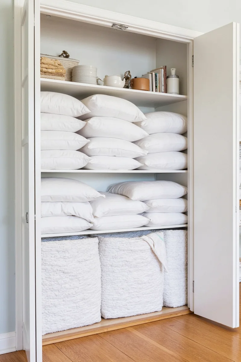 Under bed storage bin filled with pillows
