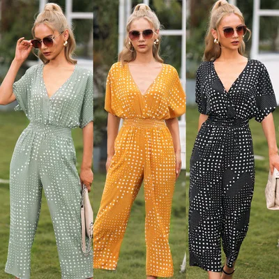 

Summer 2021 New Style Women's Loose Dot Print Jumpsuit V-neck Short Sleeve One Piece Jumpsuit Plus Size Women Clothing