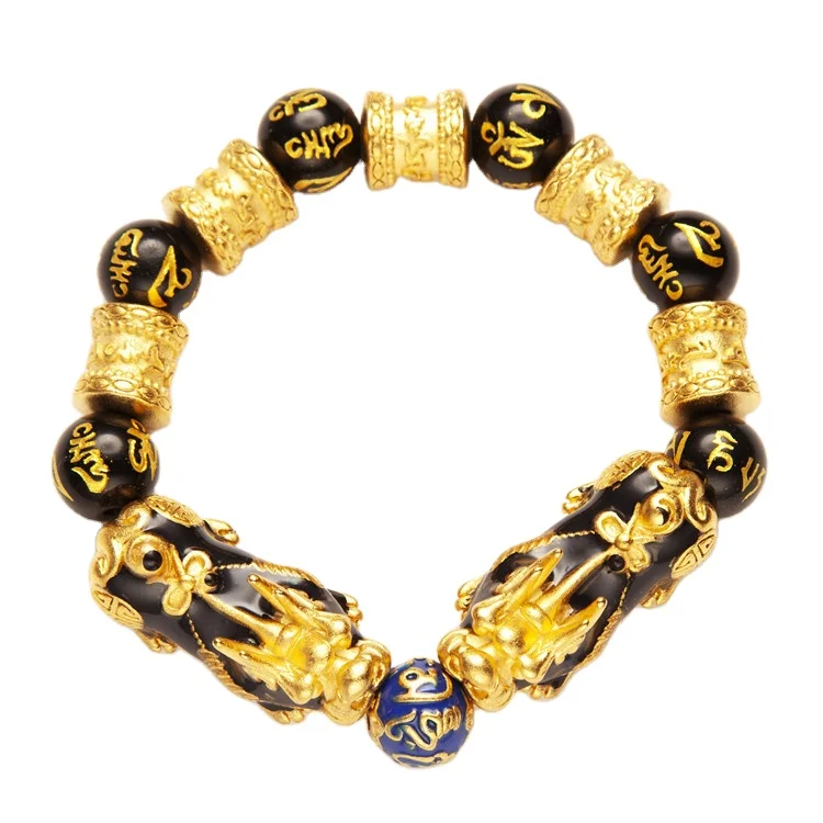 

GoldPlated Thick Gold SixCharacter Mantra ColorChanging Brave Bracelet Men'S Vietnamese Sand Gold Bucket Bead Obsidian