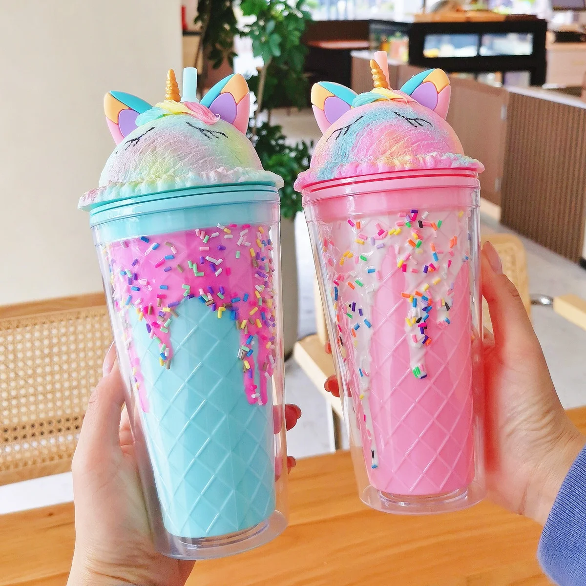 

Wholesale Fashion colorful double layer drinking plastic cup lovely Unicorn straw drink cup creative ice cream water bottle