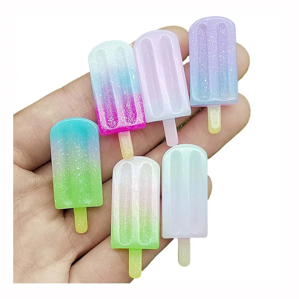 

100Pcs New Arrival Rainbow Glitter Popsicle Ice Cream Flatback Resin Cabochons For Scrapbooking Phone Case Hair Bow Center Decor