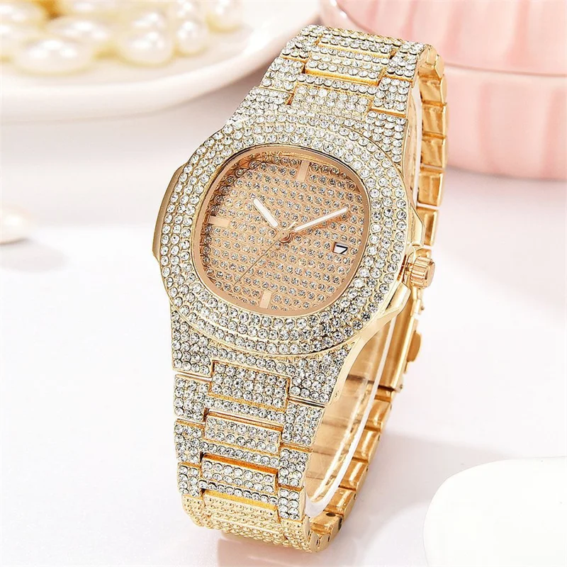 

Luxury Unisex Silver Gold Full Diamond Fashion Watches Quartz Analog Stainless Steel Band Bracelet Wrist Watch For Gift, Picture shows