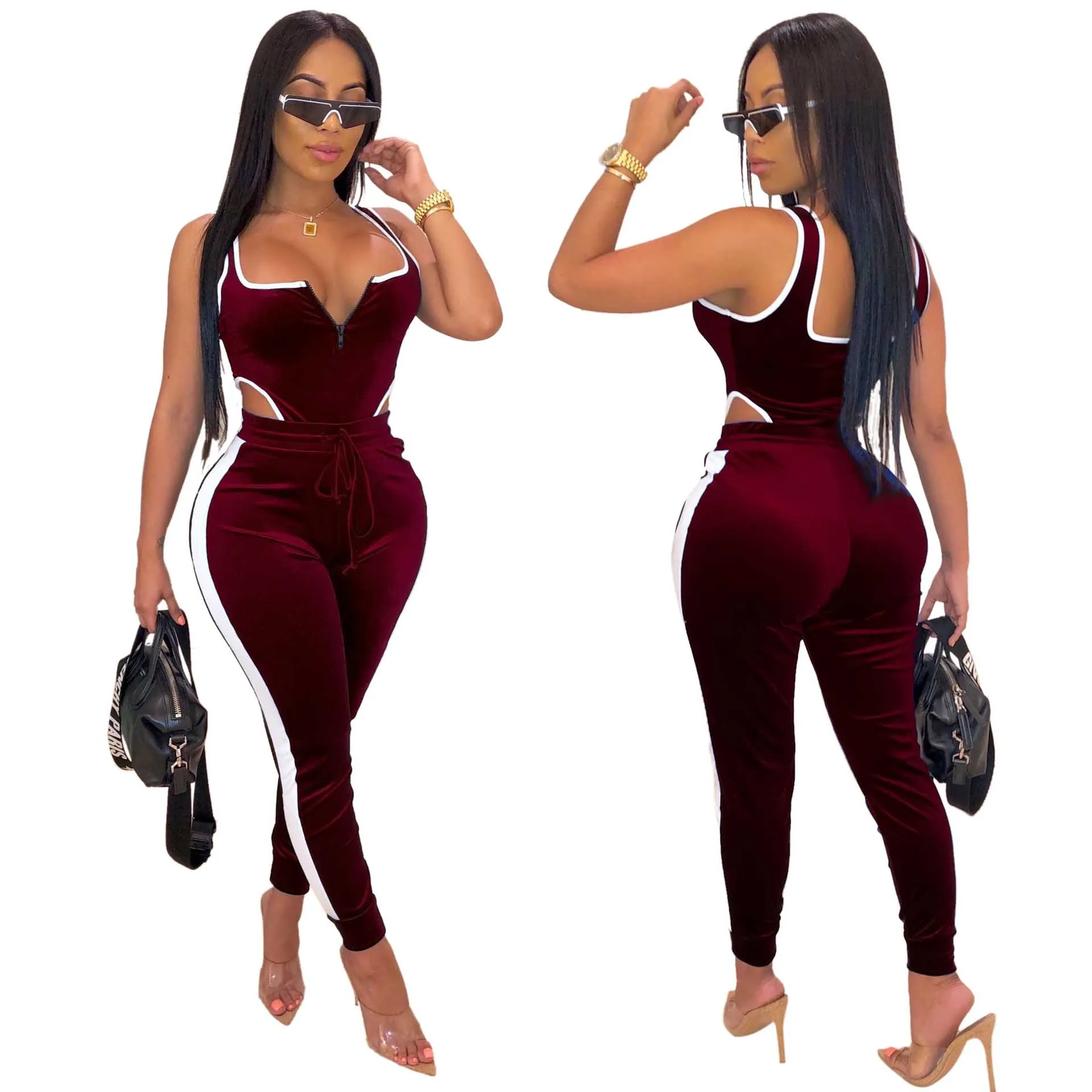 

velvet women clothing bodysuit and pants 2 piece outfit set, Purple, wine red, blue