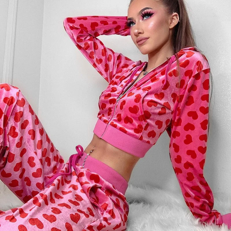 

D11276 Fashion sweatsuit outfits streetwear hoodies with jogers set printed velvet 2 piece set women velvet tracksuit set