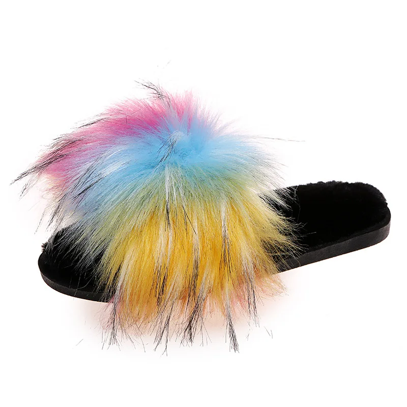 

Casual Fashion Outdoor Soft Mink Fur Colorful EVA Black Fluffy Women's Fur Slippers Sandals
