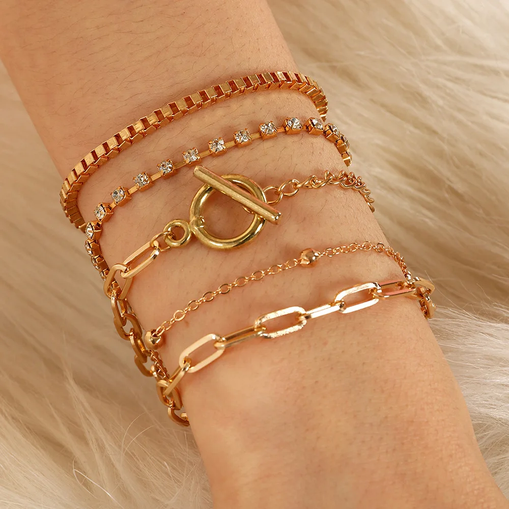 

5 Pcs/set Wholesale Gold Plated Bracelet Bangles Set Trendy Diamond Link Bracelet For Girls Women Jewelry