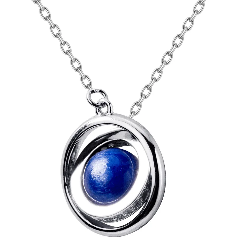 

Fashion 925 Sterling Silver Necklace Round Double Circles Pendant Long Chain Necklace with Blue Stone Bead for Women