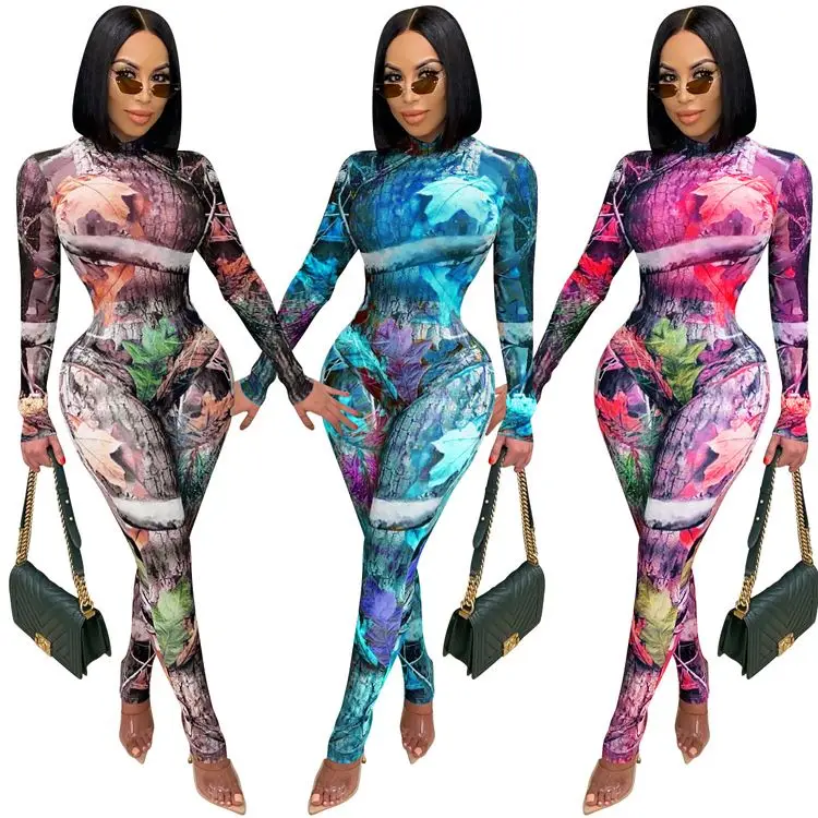 

See through luxury Jumpsuits Women Sexy Sheer Mesh Jump Suit Ladies Camouflage Long Sleeve Onesie Clothing yoga Club Wear Print