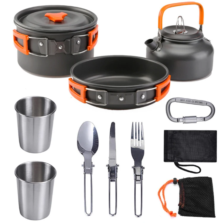 

travel camping cookware sets kettle pots and pans teapot with tableware, Green, orange