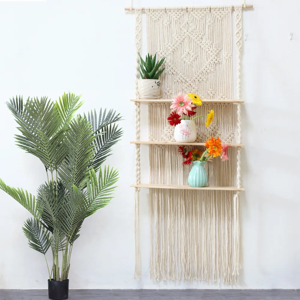 

Bohemian Cotton Rope Woven Three Layers Shelving Tassel Tapestry Decoration Living Room Bedroom Decoration Shelf