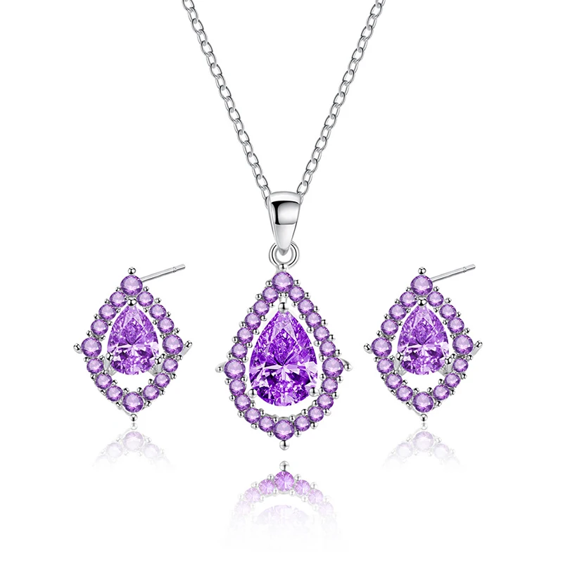 

The new bride water drop suit creative cross-border explosion sparkling zircon wedding necklace earrings set, Purple, white, sea blue