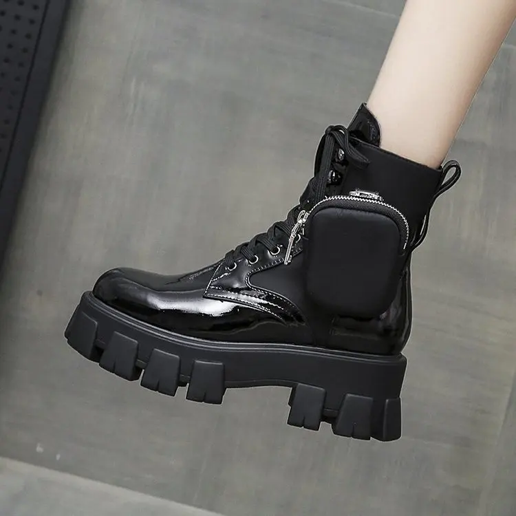 

Women fashion trend sneaker boots popular glossy PU material ankle boots Oem customized logo women high increase pocket boots