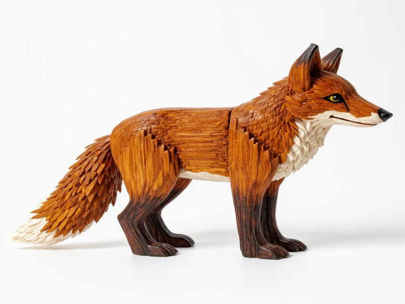 3D animal sculpture crafted from interlocking wooden blocks showing fox profile