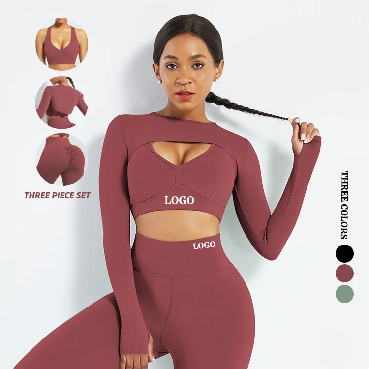 

Original Design Long Sleeve Cut-Out Gym Crop Tops 3 Piece Yoga Sets Fitness Women Sportswear